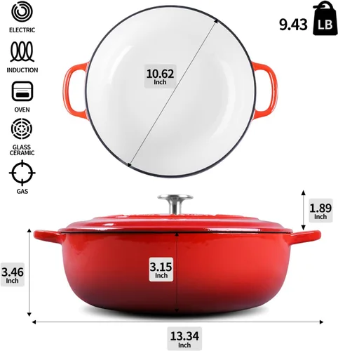 Vista 2 de EDGING CASTING - Horno holandés de hierro fundido esmaltado con estofador poco profundo y asa doble, 3.8 QT, rojo
