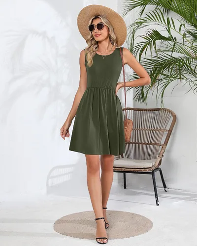 Vista 4 de Xaatren 2 piezas de vestidos de verano para mujer, vestidos sin mangas, plisados, vestidos sin mangas, vestidos hasta la rodilla con bolsillos
