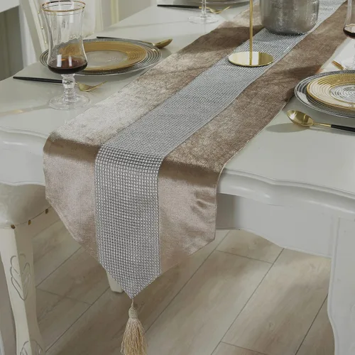 Vista 5 de Camino de mesa largo con lentejuelas y diamantes de imitación y borlas para comedor, Navidad, boda, fiesta, decoración de mesa