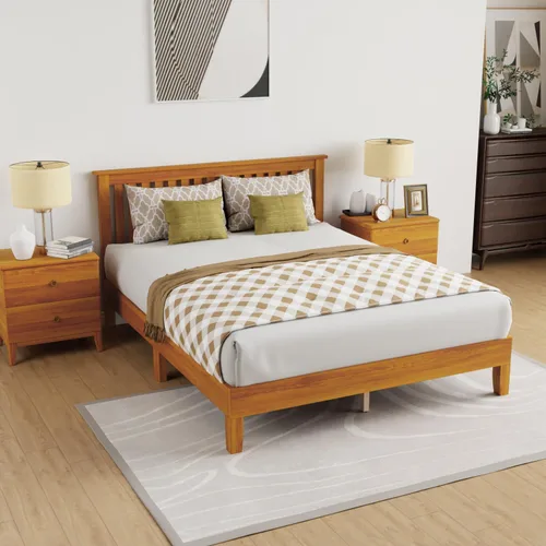 Vista 8 de Marco de cama individual de madera, marco de cama de madera con 14 listones de madera fuertes, marco de cama de madera con cabecera completa, cama