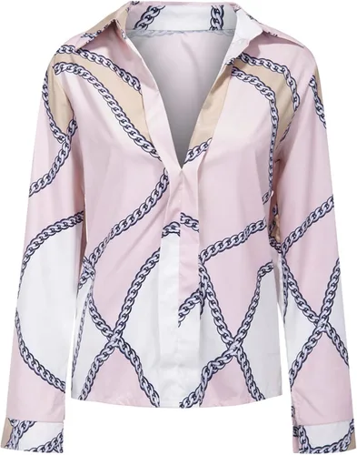 Vista 4 de Blusas para mujer, a la moda de otoño 2022, manga larga, con solapa, estampado de cadena, camisa elegante y cómoda