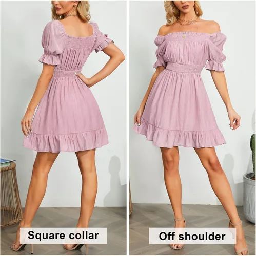 Vista 5 de EXLURA Vestido corto de verano para mujer con hombros descubiertos cuello cuadrado manga corta abombada cintura alta con volantes