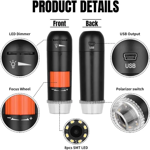 Vista 6 de Microscopio digital USB con polarizador, microscopio digital de moneda de mano de 5 MP con soporte de metal compatible con Windows y MacBook