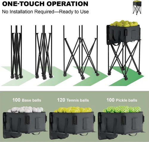 Vista 5 de Tolva de pelota de tenis para 120 pelotas, cesta de pelota de tenis con bolsa de almacenamiento extraíble, carrito de pelota de tenis con ruedas