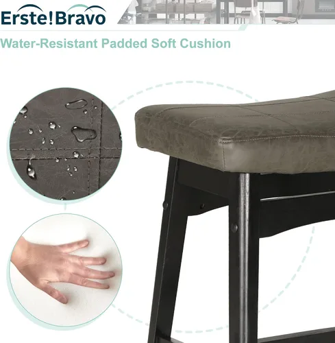 Vista 4 de Taburete de bar gris de madera maciza para encimera de cocina, taburete de bar con asiento de cuero sintético, taburete tapizado para isla de 34 a