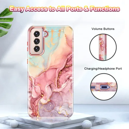 Vista 9 de Btscase Funda para Samsung S21 FE 5G 2022, patrón de mármol 3 en 1, resistente a prueba de golpes, cuerpo completo, policarbonato duro y suave