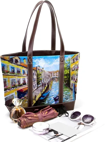 Vista 4 de Sunset - Bolsas grandes de lona de cuero para mujer, con asa superior, para hombro, hobo