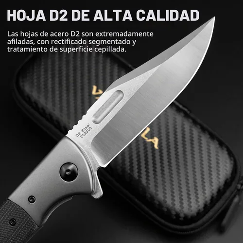 Vista 2 de VALHALLA PTEROSAUR Cuchillo de bolsillo, cuchillo plegable de acero D2 de 3.9 pulgadas con mango de micarta, cuchillo de bolsillo para hombres, Negro