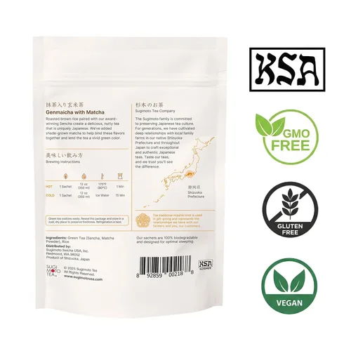 Vista 3 de SUGIMOTO TEA Genmaicha japonesa con verde matcha 20 bolsitas de té 100% fabricado en Japón, Shizuoka, Sencha con arroz tostado y matcha, 20 bolsas