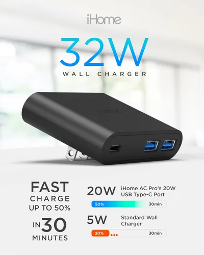 Vista 3 de iHome Bloque de cargador de pared multipuerto de 32 W, 3 puertos, 1 USB-C, 2 USB-A Fast Charging, Power Delivery, Foldable Prongs, Slim Flat