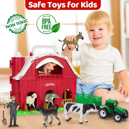 Vista 4 de Juguetes de animales de granja para niños de 1, 2, 3, 4 y 5 años, juego de granja grande de granero rojo con figuras de animales y juguete