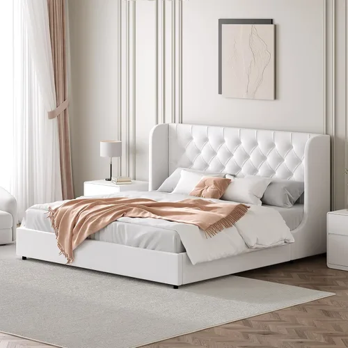 Vista 11 de HOMBCK - Marco de cama tamaño completo, base de cama tapizada en plataforma gris con cabecero, terciopelo acolchado, diseño de ala curvada, listones