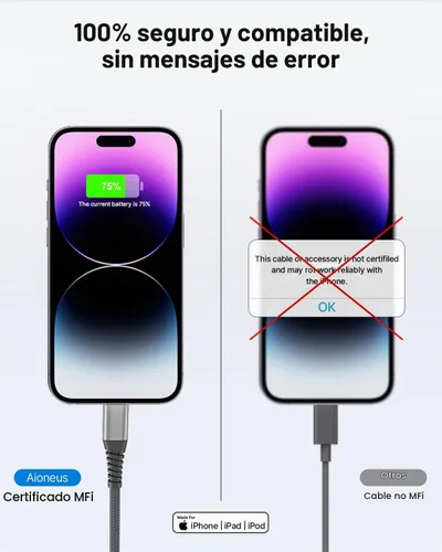 Vista 8 de Cargador para iPhone [certificado Apple MFi] Paquete de 2 cables Lightning de 10 pies de largo, cable de carga rápida de nailon trenzado