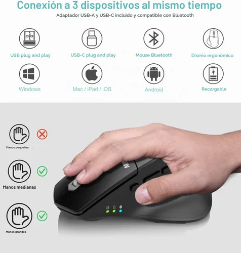 Vista 2 de Arteck Ratón Bluetooth inalámbrico multidispositivo con Nano USB-A, receptor USB-C ergonómico mano derecha, clic silencioso, mouse recargable