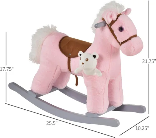 Vista 7 de Qaba Caballo mecedor de peluche para niños con juguete de oso, silla para niños con juguete de felpa suave y divertidos sonidos realistas, rosa