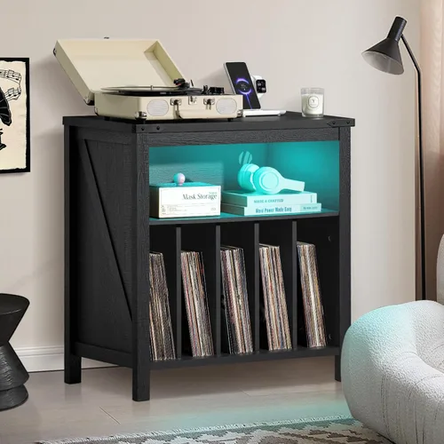 Vista 6 de Soporte grande para tocadiscos con estación de carga y luces LED, soporte de almacenamiento de discos de vinilo negro con capacidad para hasta 230