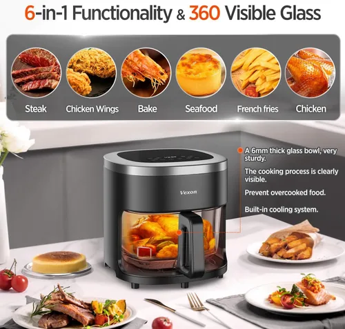 Vista 4 de Freidora de Aire de Vidrio, Freidora de Aire de 4.5QT con Olla de Vidrio de Visualización, Freír al Aire, Asar, Recalentar, Deshidratar, Tecnología