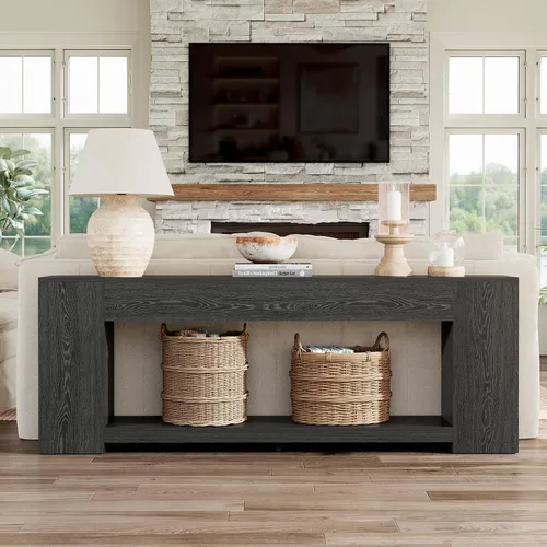 Vista 3 de Epecoya Mesa consola extra larga para entrada, color negro, mesa de entrada de 86 pulgadas con estantes de almacenamiento, mesa moderna de 2 niveles
