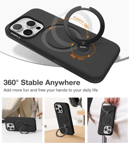 Vista 2 de TORRAS Funda de silicona líquida para iPhone 16 Pro con anillo magnético giratorio de 360 grados y control de cámara, compatible con MagSafe, Funda