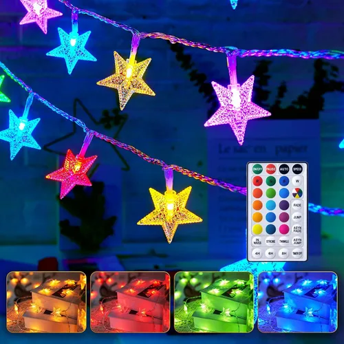 Vista 10 de Minetom - Cadena de luces con forma de estrella operadas a pilas - 5.2 m, 50 luces LED, impermeables, con temporizador, para decoración