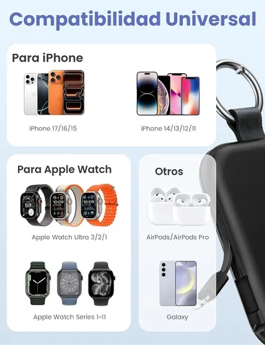 Vista 2 de RORRY Cargador portátil, batería externa portátil de 5000 mAh con cables integrados, paquete de batería en llavero de viaje para Apple Watch Negro