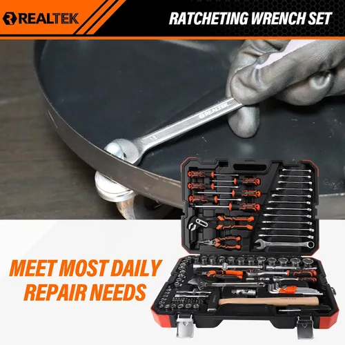 Vista 6 de REALTEK Juego de herramientas mecánicas de 100 piezas, kit de herramientas para automóvil, llave de vaso Cr-V, kit de reparación automática incluye