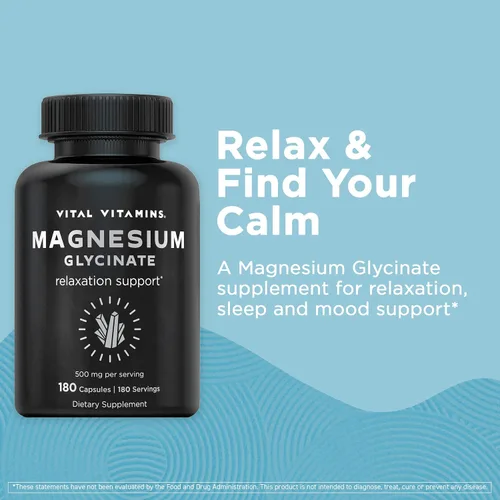Vista 2 de Vital Vitamins Glicinato de magnesio 500 mg - Fórmula de alta absorción - Promueve la relajación, la calma y el sueño reparador - Suplemento