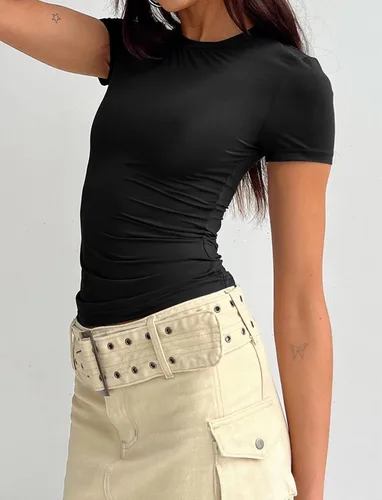 Vista 2 de PGANDS Camiseta corta de manga corta de verano para mujer, cuello redondo, básica, lisa, Y2K, ajustada
