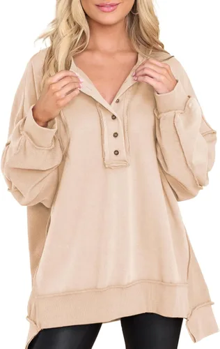 Vista 63 de AlvaQ - Sudadera de gran tamaño para mujer, informal, de manga larga, con botones y cuello Henley, tipo túnica