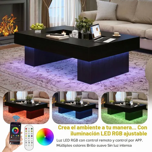 Vista 6 de LVB - Mesa de café negra, mesa de sala moderna de madera con LED y almacenamiento, mesa central única de gran tamaño y forma rectangular con luz