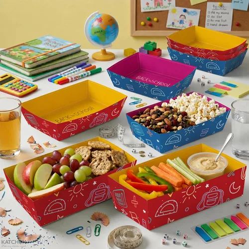 Vista 7 de KatchOn Bandejas de papel para comida de regreso a clases, paquete de 50 botes de papel desechables, bandejas de servir con temática escolar