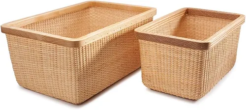 Vista 6 de Nantucket - Cesta de ratán y madera maciza, decoración del hogar para sala de estar, cesta de almacenamiento moderna, caja de joyería cuadrada Kit