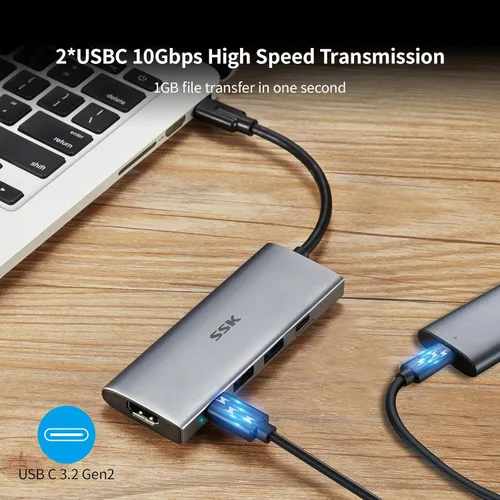 Vista 4 de SSK USB-C HUB USB 3.2 Gen 2 10Gbps 5 en 1 Tipo C Adaptador multipuerto