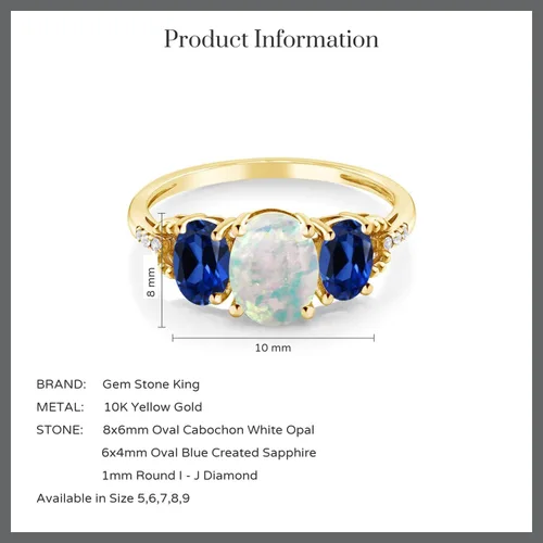 Vista 4 de Gem Stone King Anillo de compromiso de oro amarillo de 10 quilates con ópalo blanco de imitación y zafiro azul creado para mujer