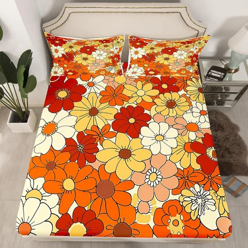 Vista 19 de Juego de sábanas ajustadas estilo 70s hippie retro para cama individual, juego vintage de otoño con hojas florales para niños y niños, juego de ropa
