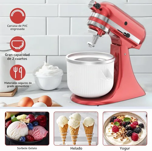 Vista 7 de Accesorio para batidora KitchenAid, cuenco de helado compatible con batidoras de soporte de 4.5 cuartos y 6 cuartos de galón o más grandes