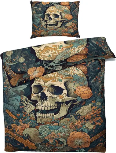 Vista 2 de Juego de funda de edredón tamaño individual Juego de cama de calavera de flores Patrón de esqueleto 2 piezas Funda de edredón de microfibra