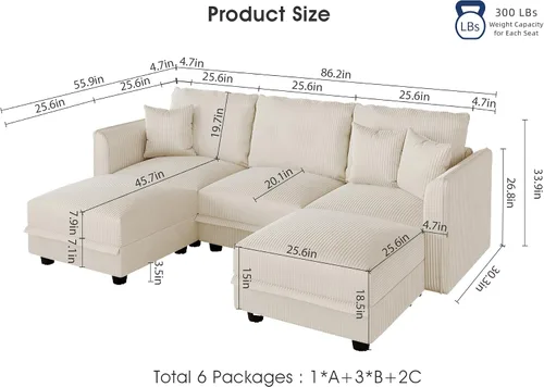 Vista 2 de LLappuil Sofá Seccional Modular con Asientos de Almacenamiento, Sofá Modular Convertible de Pana Chaise para Sala de Estar, Sofás de 5 Plazas con 3