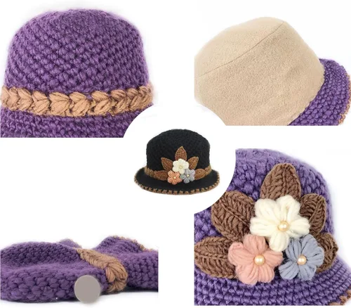 Vista 5 de Lady French Thicken - Gorro de lana de punto con flores para mujer, con flores