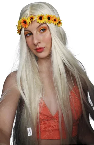 Vista 5 de Allaura Disfraz de diadema con flores, peluca hippie para mujer, disfraz de los años 1970 + diadema de flores extraíble, peluca larga, rubia