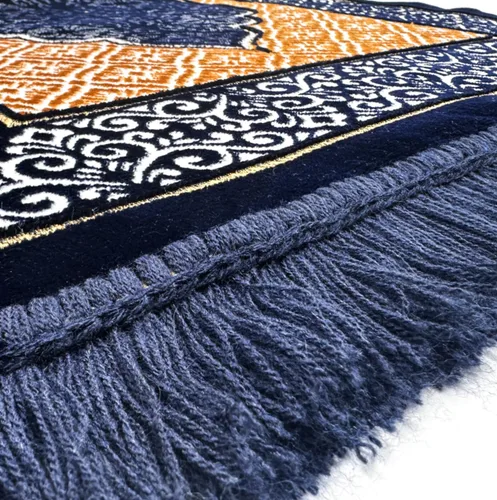 Vista 6 de Juego de alfombras de oración islámica de terciopelo (alfombra gruesa de oración, 99 cuentas de oración Tasbih, sombrero kufi de algodón negro), Azul