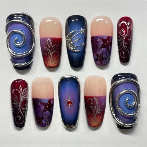 Vista 23 de MISUD Uñas Postizas - Uñas Largas Forma Ataúd con Pegamento en Negro Gótico, Diseño Acrílico Gótico de Rosa 24 piezas