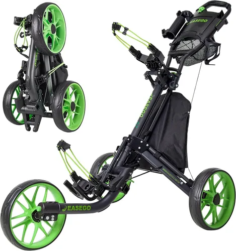 Vista 11 de EASEGO Carrito de golf con 3 ruedas: carrito plegable para bolsa de golf con soporte para teléfono/taza/paraguas, carritos de golf compactos