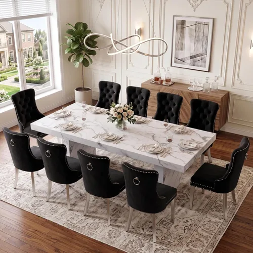 Vista 19 de Ebullient 79" White Dining Table Set for 8, Faux Marble Table & 8 Chairs Cream Chairs