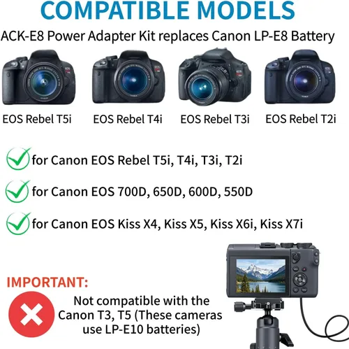 Vista 2 de Kimaru Batería ficticia LP-E8 ACK-E8 Adaptador de corriente de CA DR-E8 Kit de acoplador de CC para cámaras Canon EOS Rebel T5i T4i T3i T2i 700D