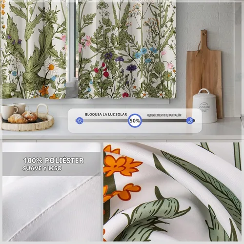 Vista 4 de Aimego Cortinas de Cocina de Eucalipto Primaveral - Hojas de Plantas de Acuarela Floral Azul con Cortinas de Nivel Botánico Floral para Cafetería