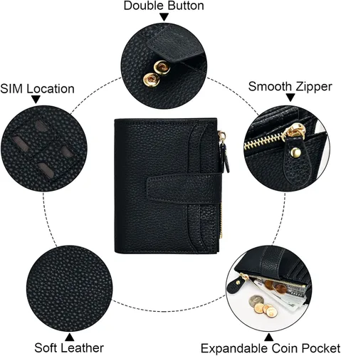 Vista 5 de oscaurt Billetera pequeña para mujer con bloqueo RFID, de dos pliegues, compacta, para tarjetas de crédito, de piel, con bolsillo con cremallera