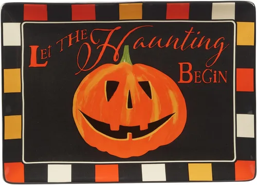 Vista 2 de Bandeja rectangular espeluznante de Halloween – Bandeja de cerámica de 14 x 10 pulgadas con mensaje «Let the Haunting Begin» – Vajilla de fiesta
