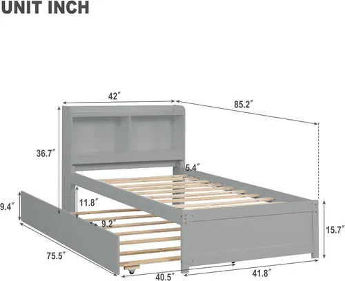 Vista 2 de Harper & Bright Designs Cama de plataforma individual con nido y estantería, marco de cama de madera con cabecero, sofá cama con soporte de listones