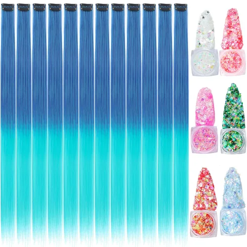 Vista 15 de Extensiones de cabello de colores, extensión de cabello liso con clip de 22 pulgadas, extensiones de cabello con brillantina multicolor arcoíris
